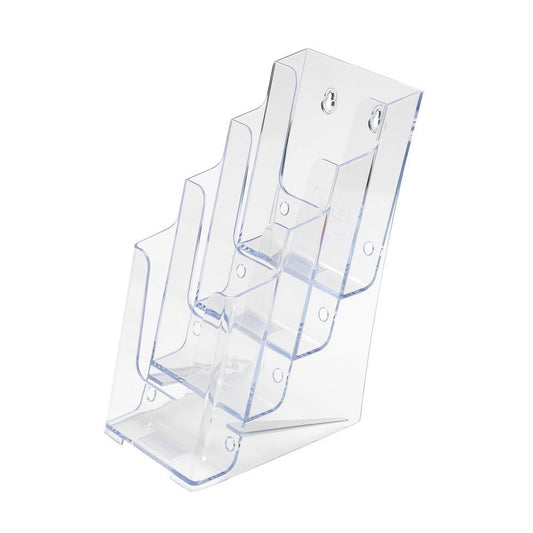 SOURCE ONE Premium Brochures Holder for 4” Trifold Booklets – 4-Tier – Clear Acrylic Countertop Organizer