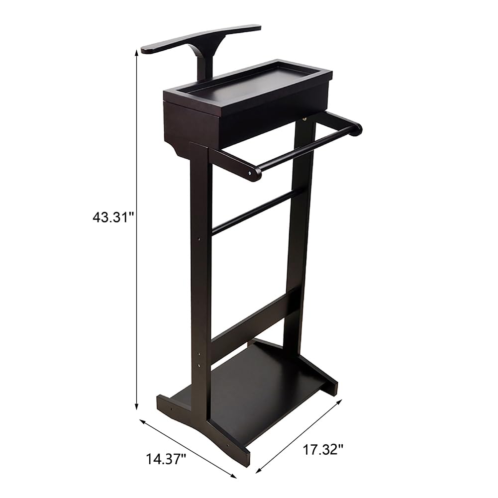 RELAHOGAR Clothes Valet Stand for Men, Wooden Mens Valet Stand with Tray Organizer, Shoe Shelf, Hanging Rod and Suit Rack, Freestanding Clothes Rack for Bedroom Entryway Office