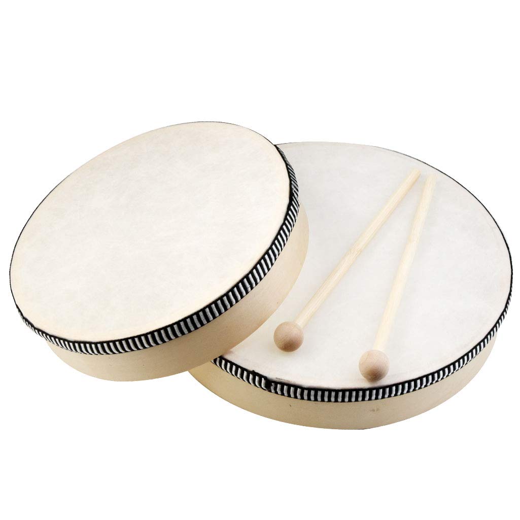 Nydotd 2-Piece Hand Drum Set - 10 Inch & 8 Inch Wooden Frame Drum Percussion Instruments with 2 Drum Beatters for Adult Leisure & Festive Musical Performances