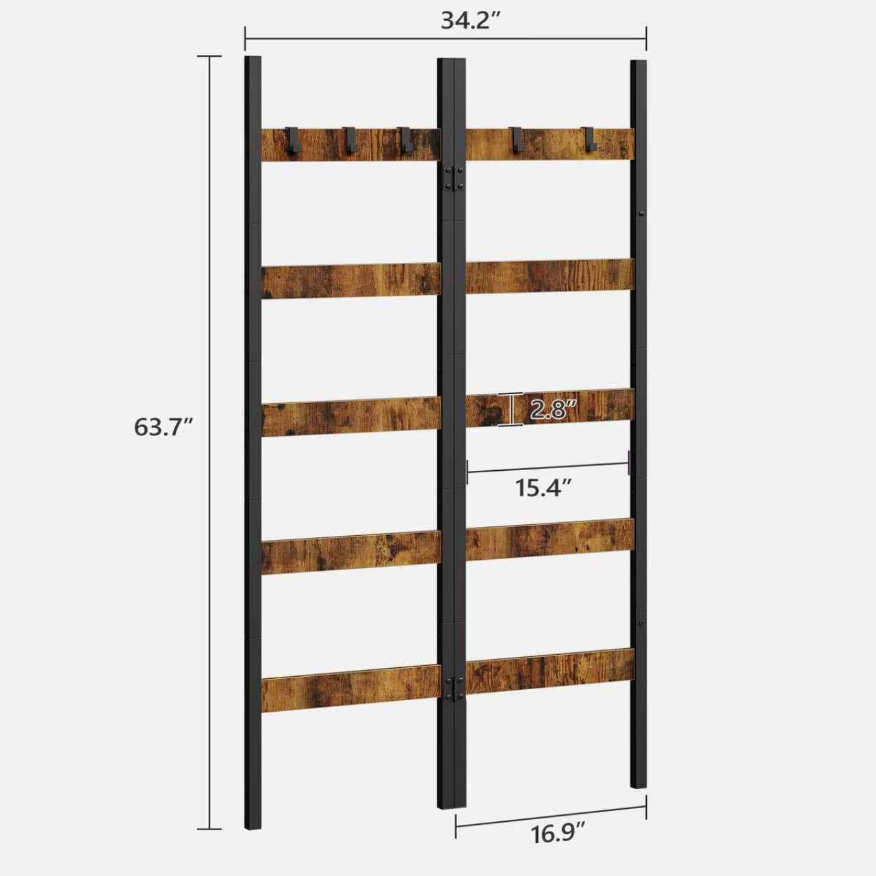 ZIIWIND Foldable Blanket Ladder, 5-Tier Ladder Shelf, Decorative Ladder with 5 Removable Hooks, Wall-Leaning Blanket Holder for Towel, Scarves, Quilt Display Rack for Living Room, Rustic Brown