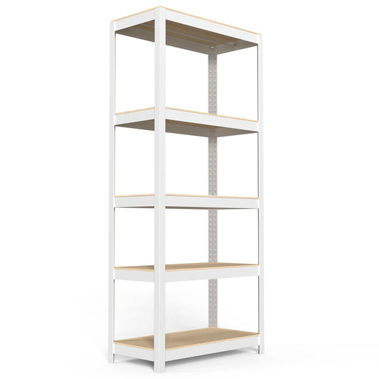 Karlovit 5 Tier Pantry Shelves Unit, Adjustable Pantry Organizers and Storage Shelves, Shelving Unit for Closet with Clothes Rod, Storage Rack for Pantry, Laundry, Kitchen - White& Wood Color