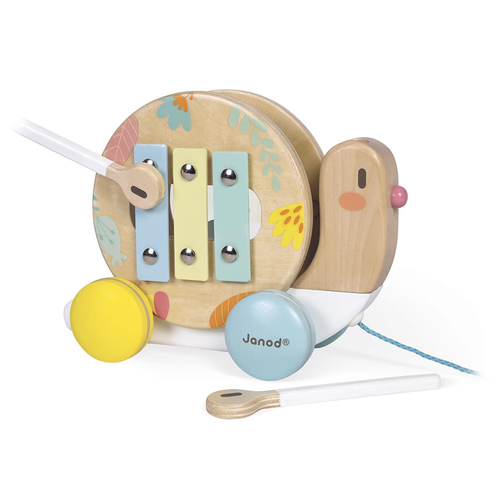 Janod Pure Pull Along Snail - Wooden 2-in1 Musical Toy - Ages 1+ - J05159
