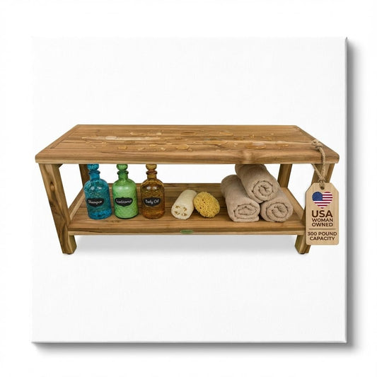EcoDecors Eleganto 30 Inch Natural Color Waterproof Teak Wood Shower Bench Stool Seat Chair For Inside Shower Provides Safety, Storage, and Organization For Bathroom Accessories