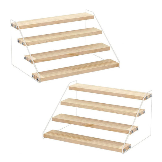 BeiHCain 2 Pack 4 Tier 12 Inch Acrylic Wooden Display Stand, Clear Acrylic Display Riser Shelf Wood Tiered Display Shelf Rack Step Ladder Riser Stands for Cupcakes Perfumes Figures Collectibles