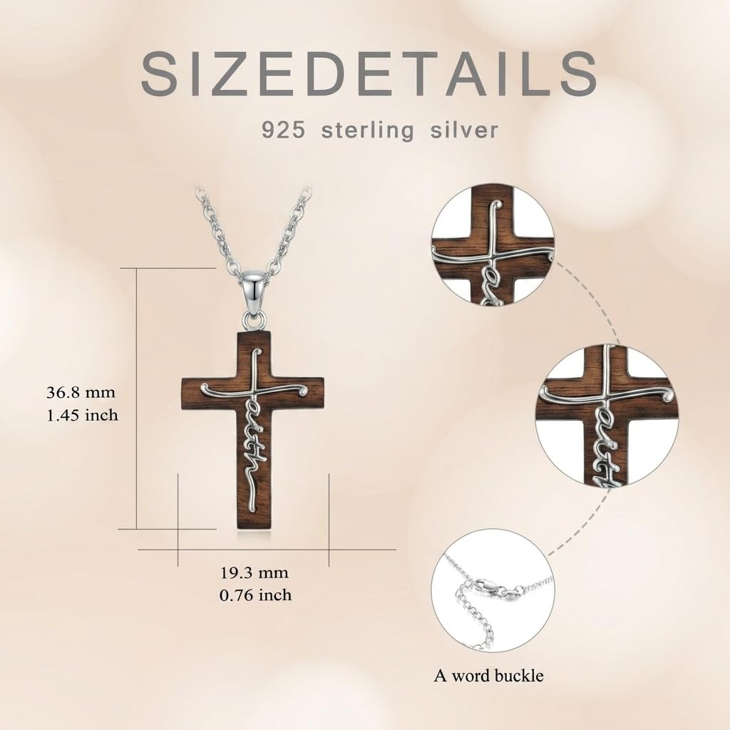 VNRIOW 925 Sterling Silver Faith Wooden Cross Necklace, Christian Religious Jewelry Gift for Women Men, 18 to 20 Inches Chain
