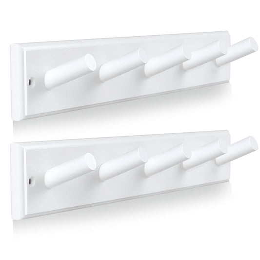 horkmous Wooden Coat Rack 2Pcs, 16'' Hole to Hole Wooden Wall-Mounted Coat Hooks, 5 Pegs Bamboo Wall Hooks for Hanging Towels, Hats, Robes, Clothes, Keys, White