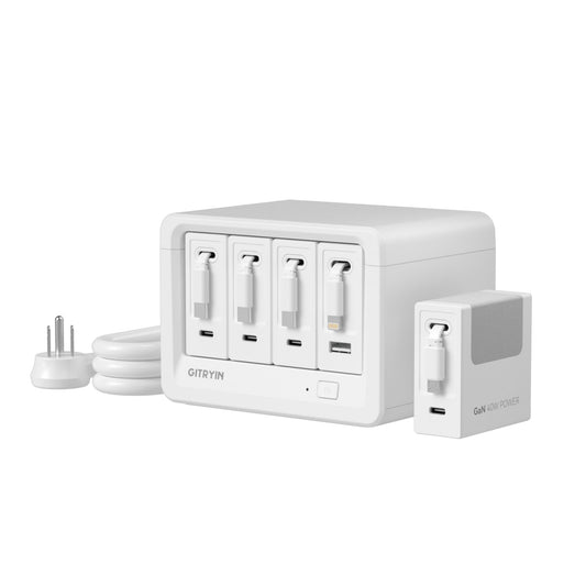Gitryin 12-in-1 Desktop Charging Station with 3 Retractable Type-C Charger Blocks, 1 Micro and 1 Lightning Charger, 4 USB C Ports, 160W Fast Charging Hub with 33.5in Cable for Multiple Devices, White