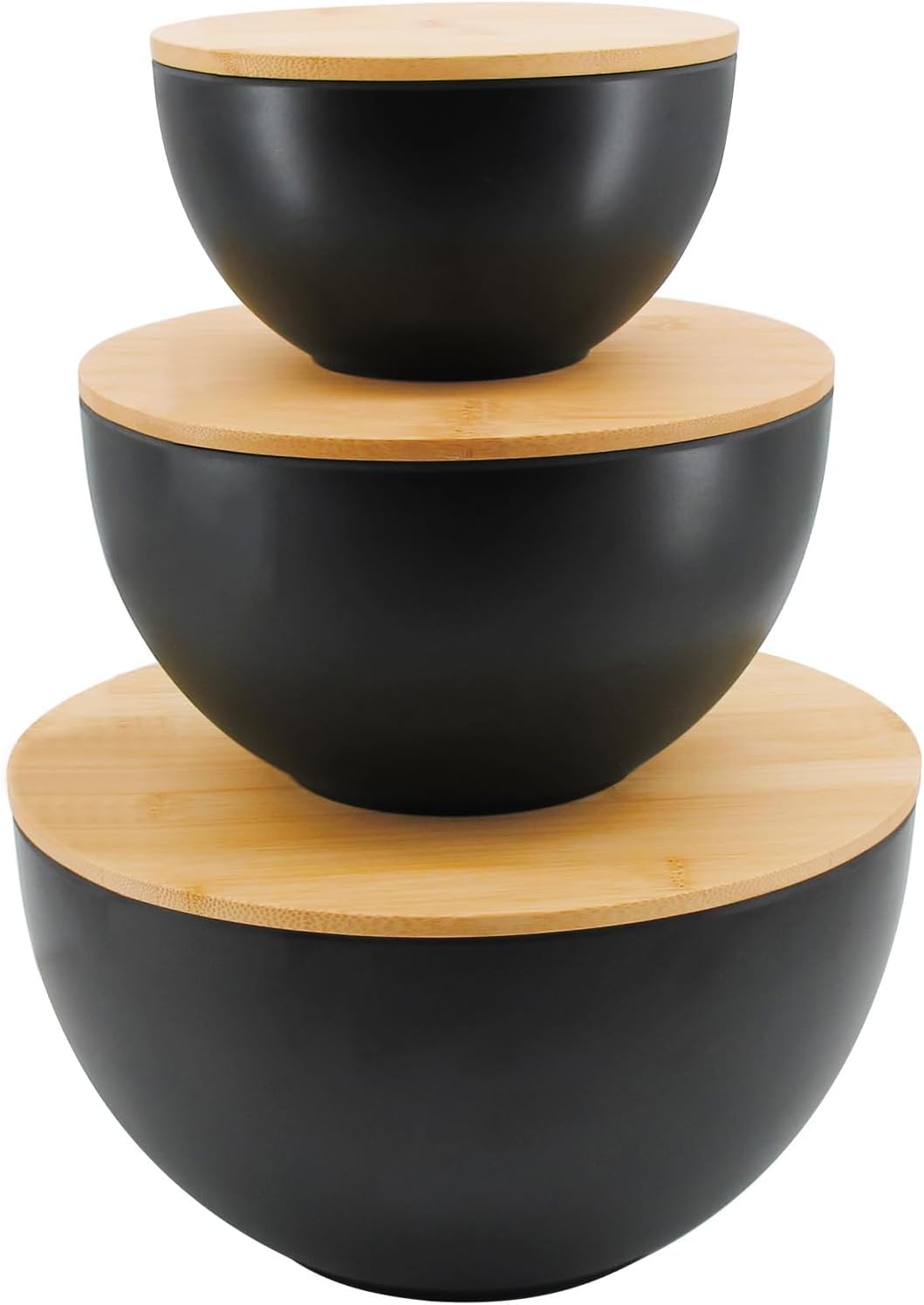 ECOWAY Salad Bowl Set of 3 with Bamboo Wooden Lids, Mixing Bowls Set, Nesting Bowls for Space Saving Storage, Made with Durable Eco-Friendly Bamboo Fiber, Great for Prepping and Serving Food, Black