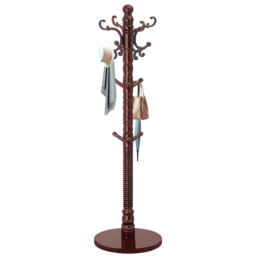 EZIVIEV Wooden Coat Rack Stand, Solid Wood Freestanding Coat Rack, Vintage Coat Racks with 14 Hooks & Disc Base, Standing Coat Hanger Jacket Tree Stand for Office, Entryway, Hallway