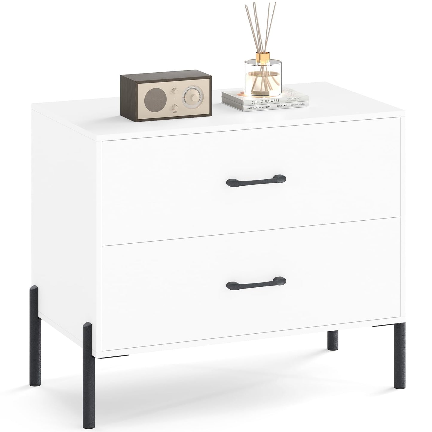 Giantex 2-Drawer Dresser, Modern Wooden Nightstand with Metal Legs & Handles, Anti-Tipping Kits, Compact Side Table, Small Dresser Chest of 2 Drawers for Closet, Bedroom, Sofa Side, Dorm (1)