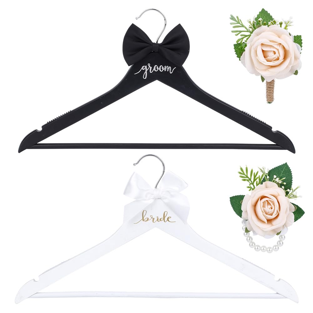 INFUNLY 2 Pack Bride Groom Hanger for Wedding Wooden Bridal Dress Suit Hangers with Bow Tie Wrist Corsage Flower 17.5x8.9 Inches Mr and Mrs Shirt Tuxedo Suit Hanger Shower Gift Accessories