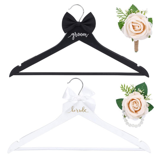 INFUNLY 2 Pack Bride Groom Hanger for Wedding Wooden Bridal Dress Suit Hangers with Bow Tie Wrist Corsage Flower 17.5x8.9 Inches Mr and Mrs Shirt Tuxedo Suit Hanger Shower Gift Accessories
