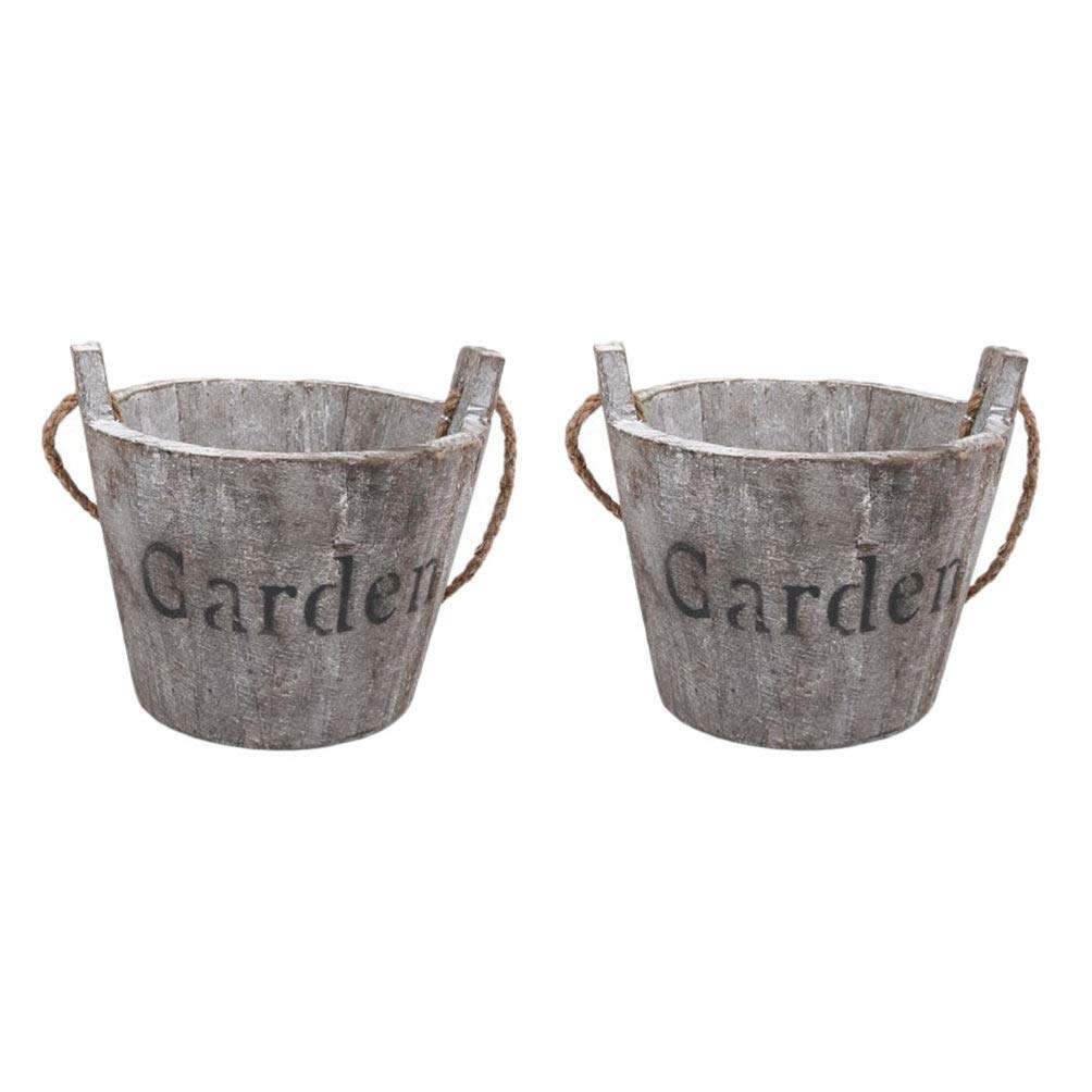 Hemoton Wooden Barrel Planter 2Pcs Set Rustic Bucket Flower Pot Decoration with Handle for Indoor Outdoor Succulent Plants