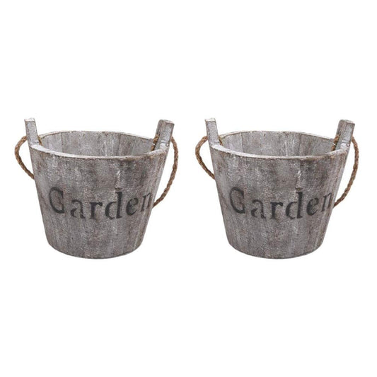 Hemoton Wooden Barrel Planter 2Pcs Set Rustic Bucket Flower Pot Decoration with Handle for Indoor Outdoor Succulent Plants