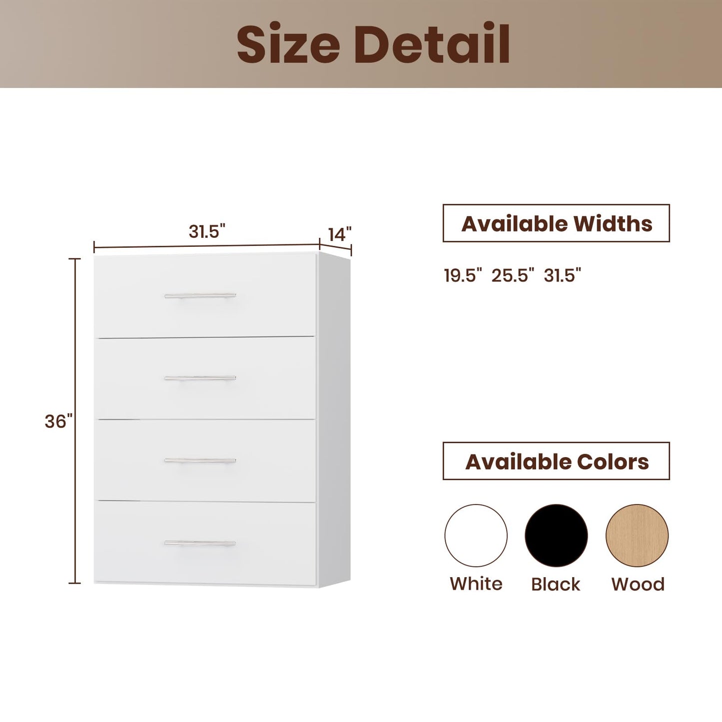 ROOMTEC 31.5" 4 Drawer Short Tower Closet Unit, Modular Closet System with Drawers and Shelf, Wardrobe Organizer for Bedroom or Walk-in Closet, Wall Mounted, Customizable Clothes Storage Unit, White