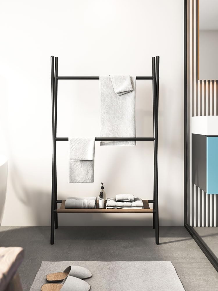 BIOMICE Floor Towel Rack 2-Tier Towel Rack with Shelf Metal Towel Stand Free Standing Towel Holder for Bathroom Freestanding Towel Racks(White)