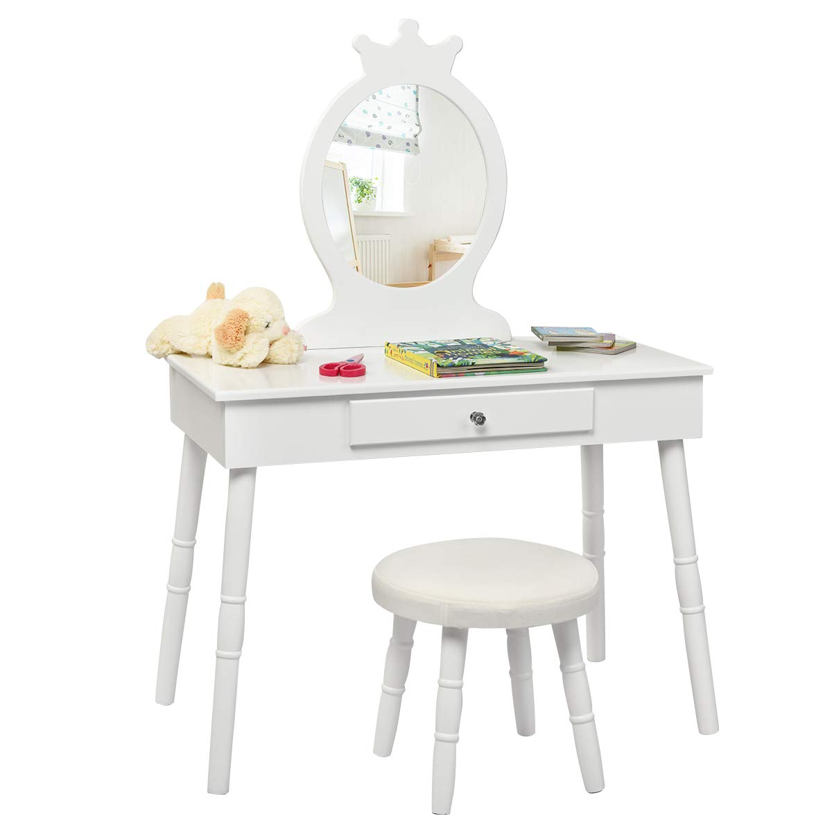 GOFLAME Kids Vanity Set, Princess Dressing Table Set, Wooden Dresser, Little Girls Makeup Table and Stool Set, Pretend Beauty Play Set with Real Mirror, Pull-Out Drawer and Cushioned Stool (White)