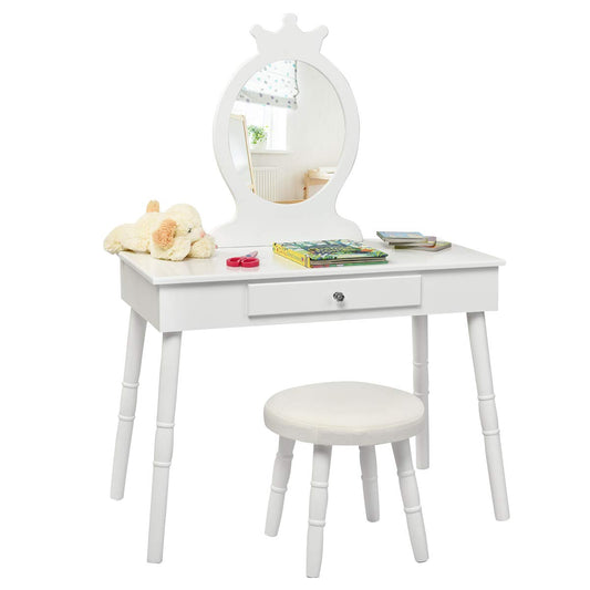 GOFLAME Kids Vanity Set, Princess Dressing Table Set, Wooden Dresser, Little Girls Makeup Table and Stool Set, Pretend Beauty Play Set with Real Mirror, Pull-Out Drawer and Cushioned Stool (White)