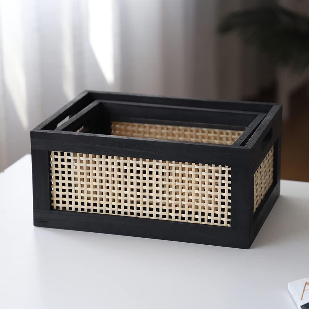 HODAKJUE Wood Baskets, Rattan Storage Baskets for Organizing, Black, Set of 2