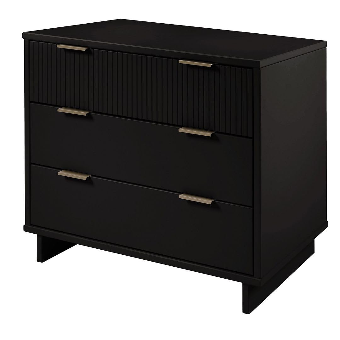 Manhattan Comfort Granville 38-Inch Solid Wood Dresser with 3 Full Extension Soft Close Drawers, Fluted Ribbed Front with Gold Metal Handles for Bedroom, Living Room, Dorm, Nursery in Black