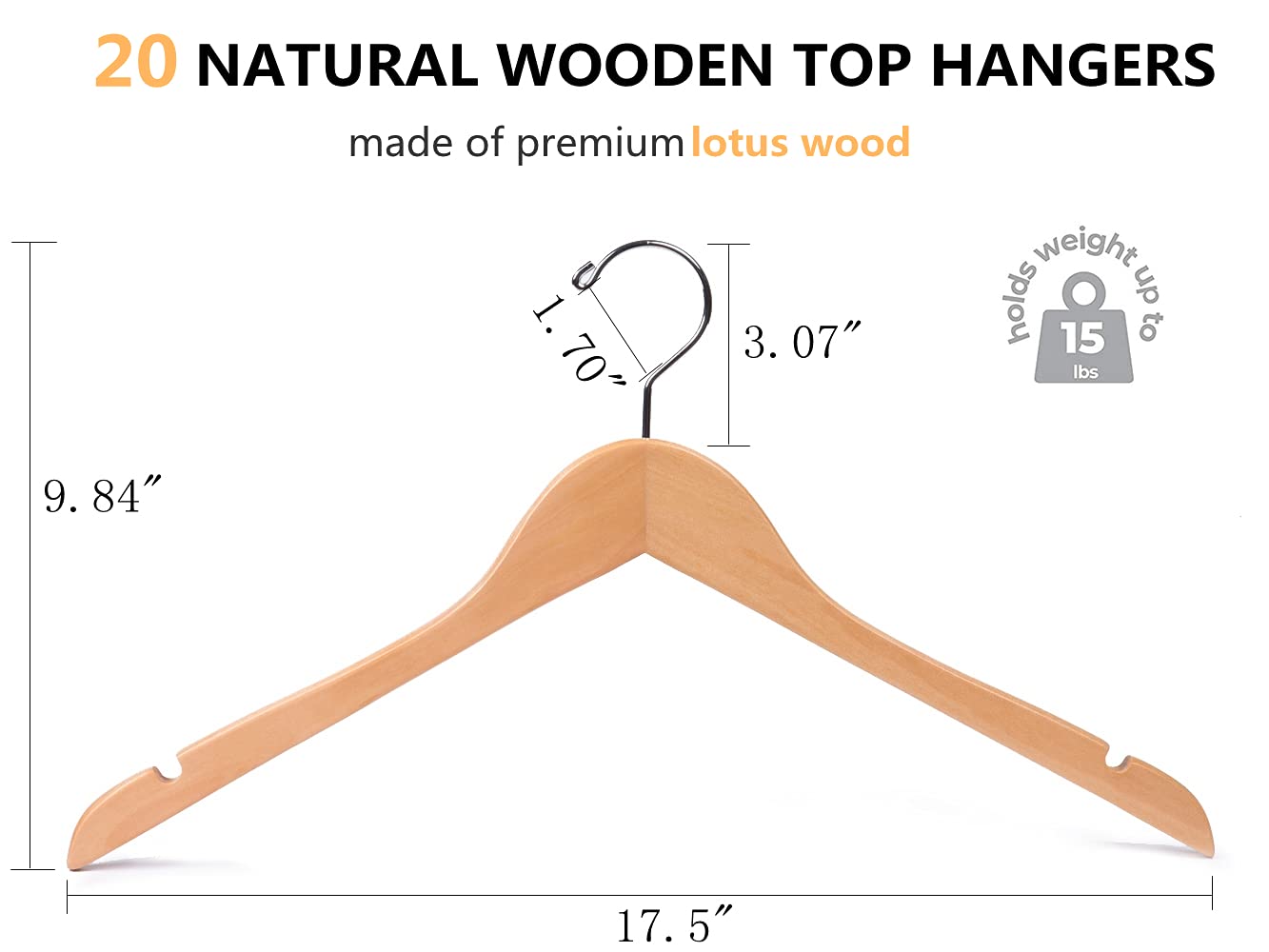 Amber Home 20 Pack Natural Wooden Shirt Hangers, Premiun Wood Coat Hangers Without bar, Clothes Hangers for Jacket, Bridal (Natural, 20)