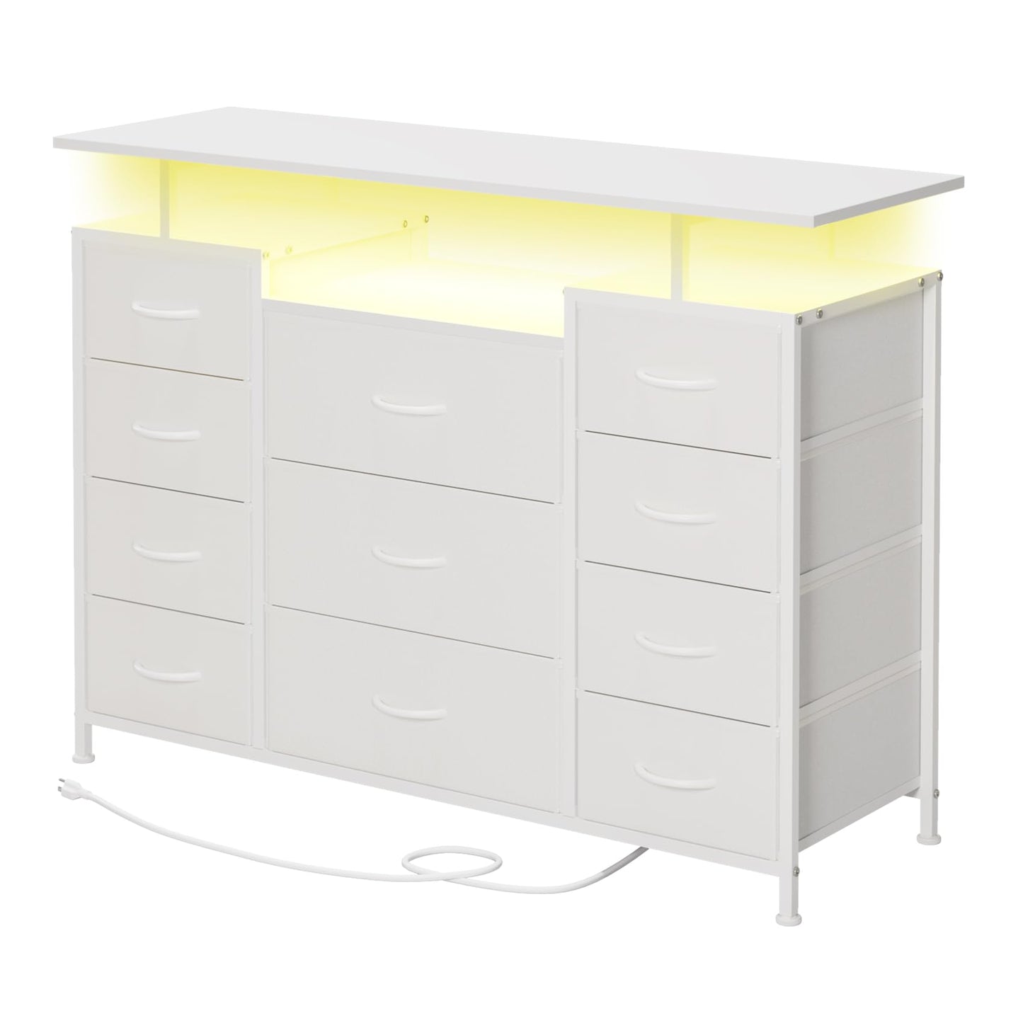 LUMTOK 11 Drawers Dresser with Fabric Drawers,Charging Station, LED Lights and Shelves for Bedroom Storage Organization