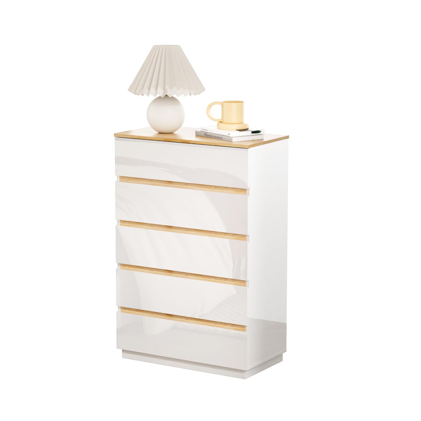 VINGLI 5 Drawer Dresser for Bedroom, 45" H Tall Dresser Chest of Drawers, High Gloss Wood Modern Storage Cabinet with Brown Top