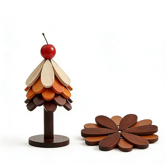 4 Sets in Wooden Apple Tree Trivets for Hot Dishes, Christmas Apple Tree Shape Table Decorations with 4 Piece of Hot Pot Pans, Walnut Wooden Coasters for Hot Soup Coffee Bowls Teapots,Table Decor