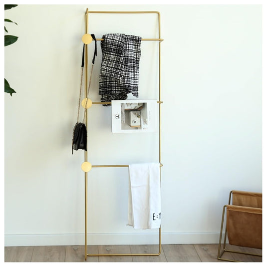 SHSWUD Free Standing Towel Rack, Pool 3-Tier Blanket Ladder Wall Leaning Rack Metal Towel with 3 Hooks for Bathroom Large Storage(Gold)