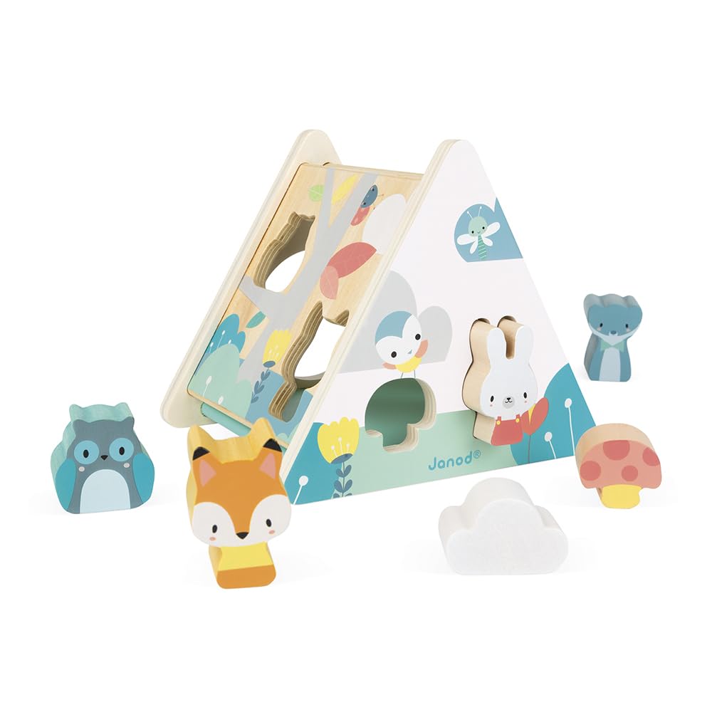 Janod - Pure Wooden Shape Sorter - Early Learning Toy - 6 Pieces Included - Handling and Building - Water-Based Paint - from 18 Months Old, J05150