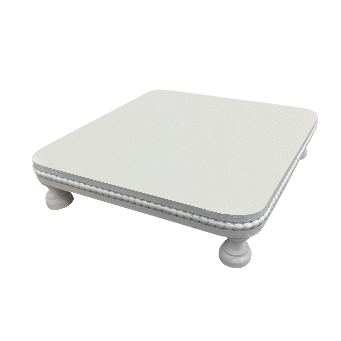 dwellington Farmhouse Display Wood Riser, 12" Decorative Beaded Pedestal Stand, Square Tiered Tray Decor for Kitcher Decor, Countertop (White)