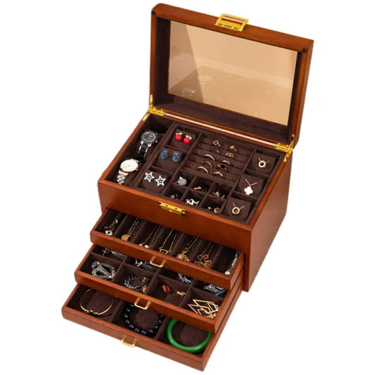 Bescott 5 Layer Solid Wooden Jewelry Box with Lock and Key for Women Men Vintage Velvet Wood Jewelry Organizer Storage for Earrings Rings Necklaces Bracelet Watch Mother’s Day Gift
