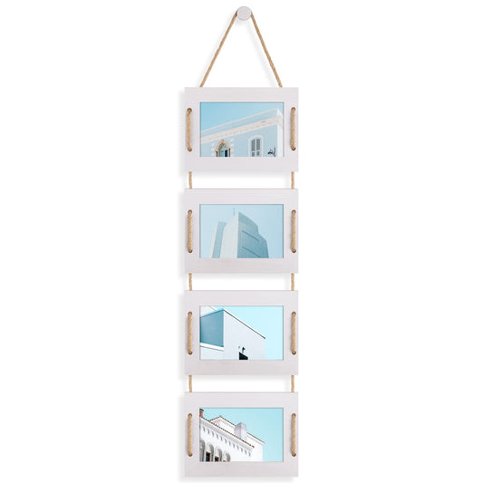 DLQuarts 4x6 Hanging Collage Picture Frames Wall Decor, 4-Opening 4x6 Photo without Mat Rustic Wood Frame with Hemp Rope, 1 Pack, Vintage White