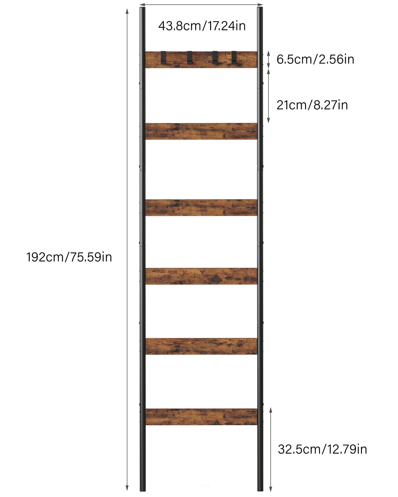 Blanket Ladder, 6-Tier Towel Holder with 4 Removable Hooks, Farmhouse Wall Leaning Decorative Rack Shelf, Wooden Towel Display Rack, Quilt Ladder for Living Room, Bedroom, Rustic Brown