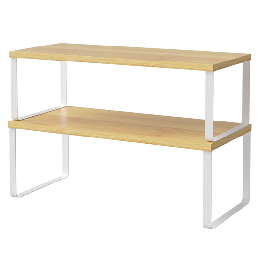 NEX Bamboo Cabinet Organizer Shelf, Set of 2 Kitchen Counter Shelves, Spice Rack, Stackable Kitchen Shelves Organizer, Pantry Cupboard Dish Mug Cup Storage Shelf, White and Natural