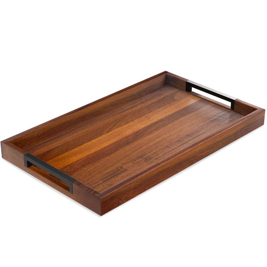 Acacia Wood Serving Tray with Handles, Large Wooden Ottoman & Coffee Table Tray 16.5"x12" with 2 Silicone Mats – Decorative Wooden Serving Tray for Breakfast in Bed, Kitchen, Bar & Home Décor