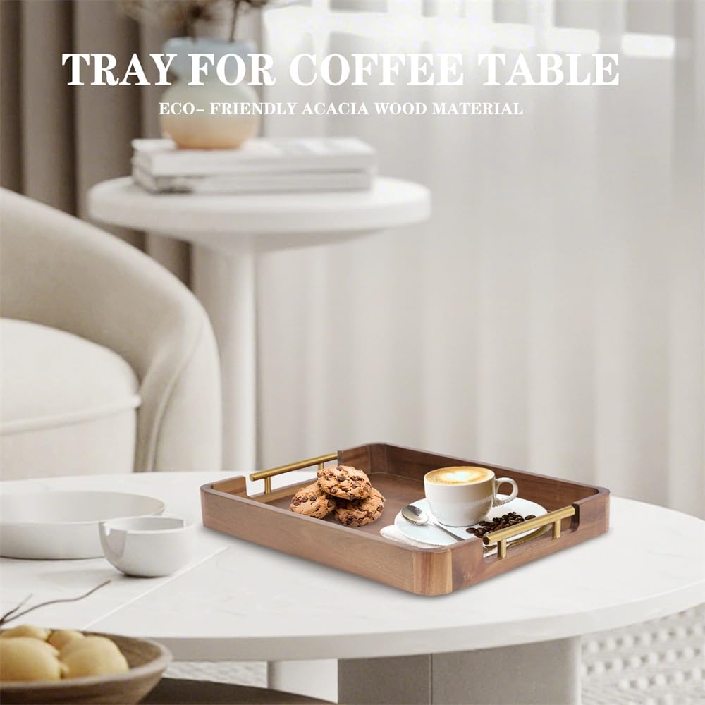 Acacia Wood Serving Tray with Handles, 17x13 Inch Ottoman Tray for Coffee Table,Candle Display,Breakfast in Bed, Large Wooden Decorative Tray with Non-Slip Pads, for Kitchen, Dining, Home Decor