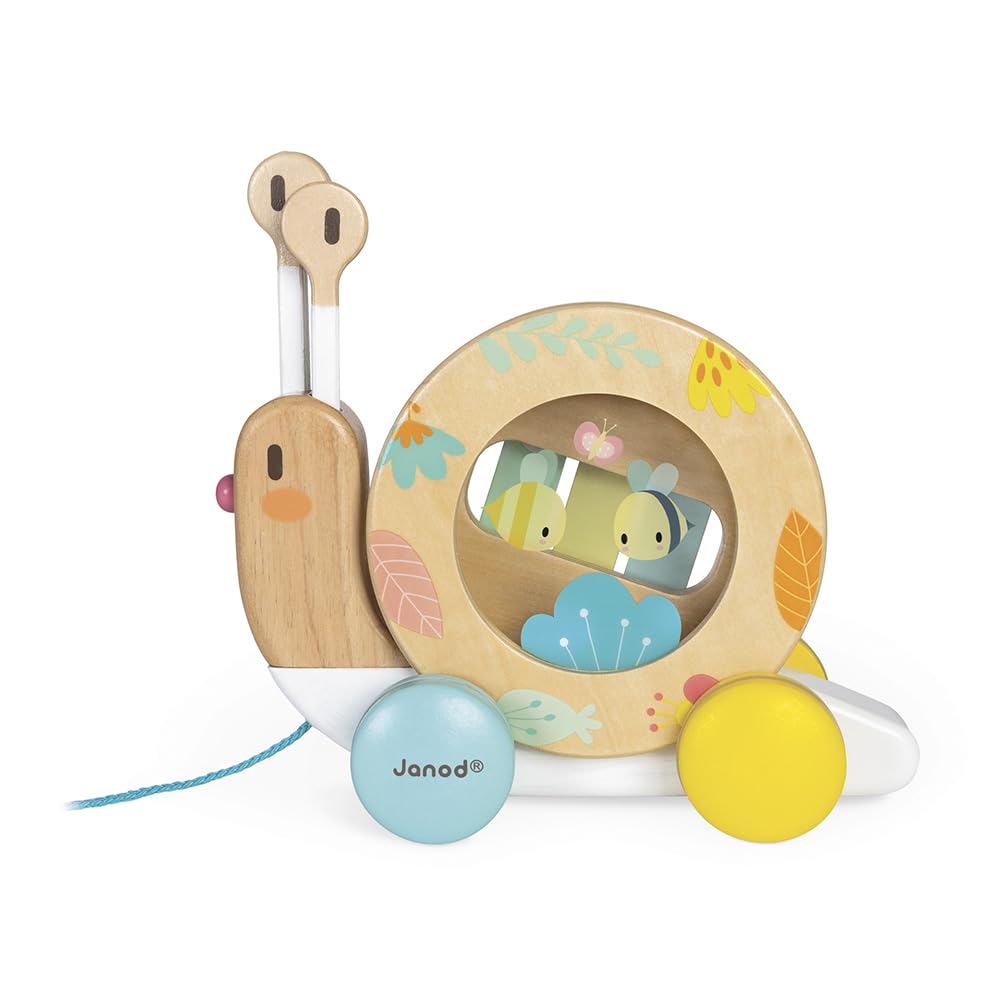 Janod Pure Pull Along Snail - Wooden 2-in1 Musical Toy - Ages 1+ - J05159