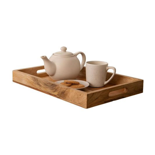 Mela Artisans 15” x 10” x 1.75” Mango Wood Serving Tray with Handles – Rectangular Edge Natural Finish – Handcrafted Wooden Serving Board for Breakfast, Coffee & Home Décor