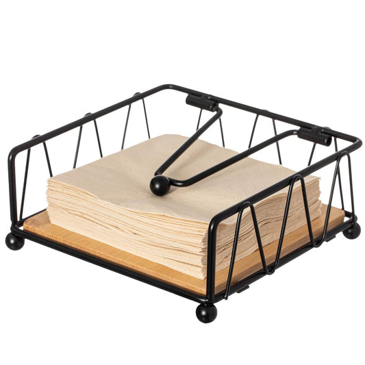 Flat Metal Square Napkin Holder with Weighted Arm and a Wooden Tray Perfect for Adorning Dining Table, Kitchen Countertop and Napkin Holder for Bathroom also Good for Outdoor Table at Restaurant