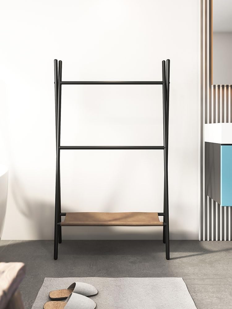 BIOMICE Floor Towel Rack 2-Tier Towel Rack with Shelf Metal Towel Stand Free Standing Towel Holder for Bathroom Freestanding Towel Racks(White)