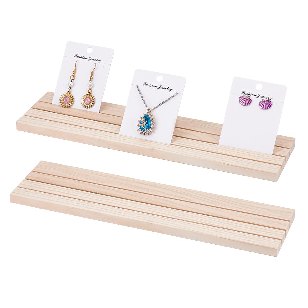 PH PandaHall 2PCS Wooden Earring Display Stand 3 Slot Business Card Holder Jewelry Show Tray Rectangle Ring Organizer Holder for Tabletop Shows Ring Craft Showing Jewelry Display, 11.8x3x0.4inch