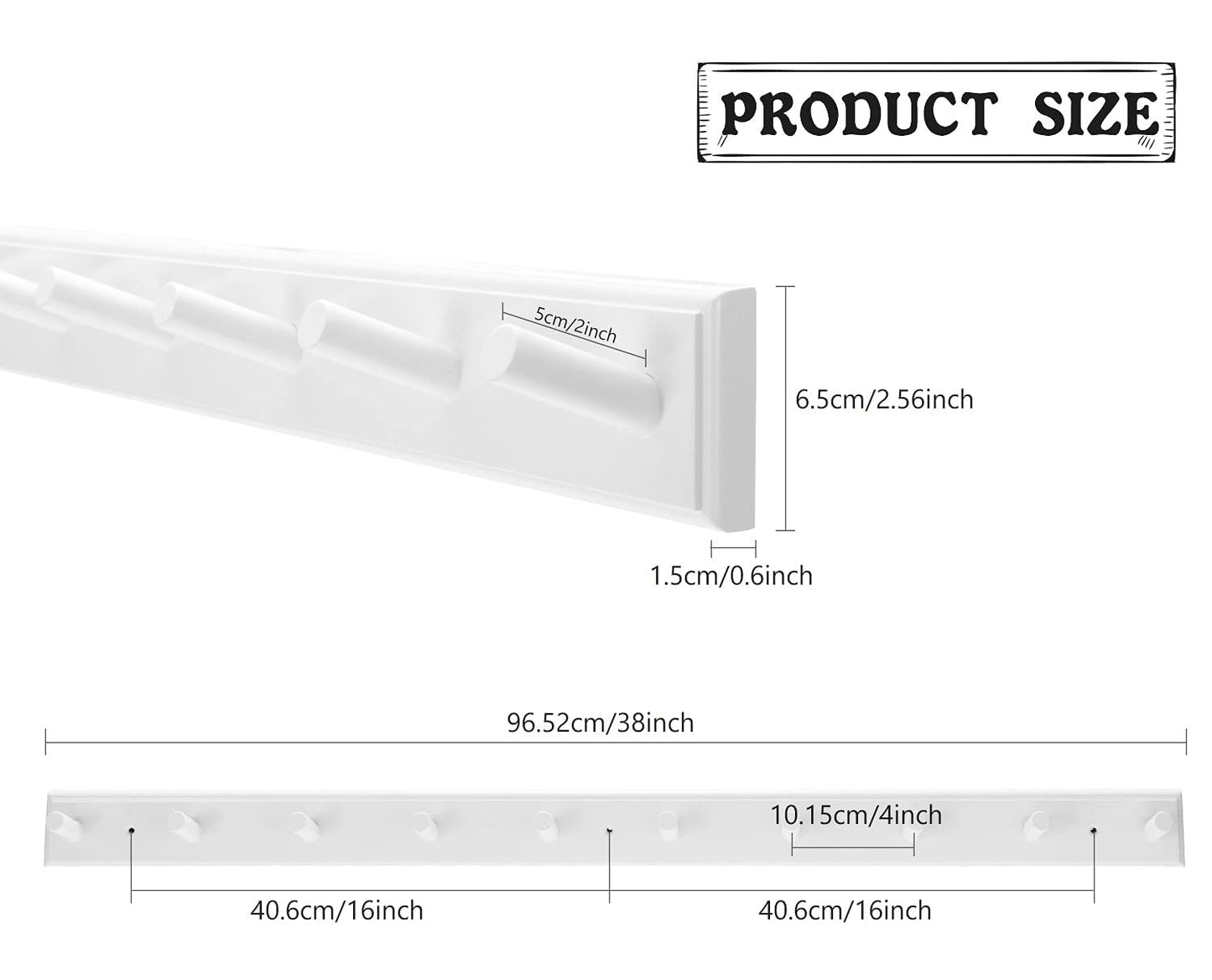 10 Hook Coat Rack Wall Mounted, Long 38 Inches Wooden Wall Coat Hanger with 10 Pegs, 16'' Hole to Hole Wall Coat Hooks for Hanging Towels, Hats, Backpacks, Clothing, Caps (White