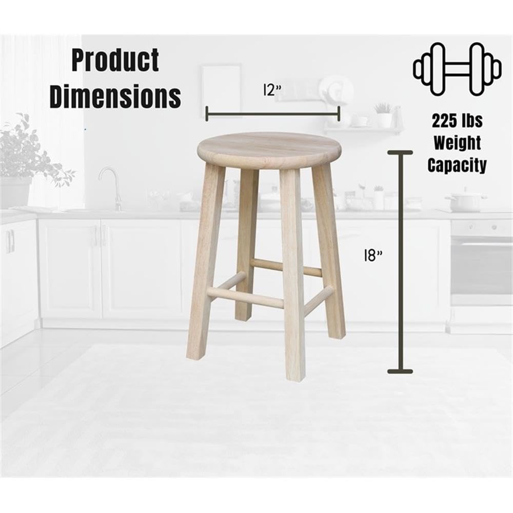 International Concepts Round Top Bar Stool, 18-Inch Seat Height, Solid Parawood, Unfinished