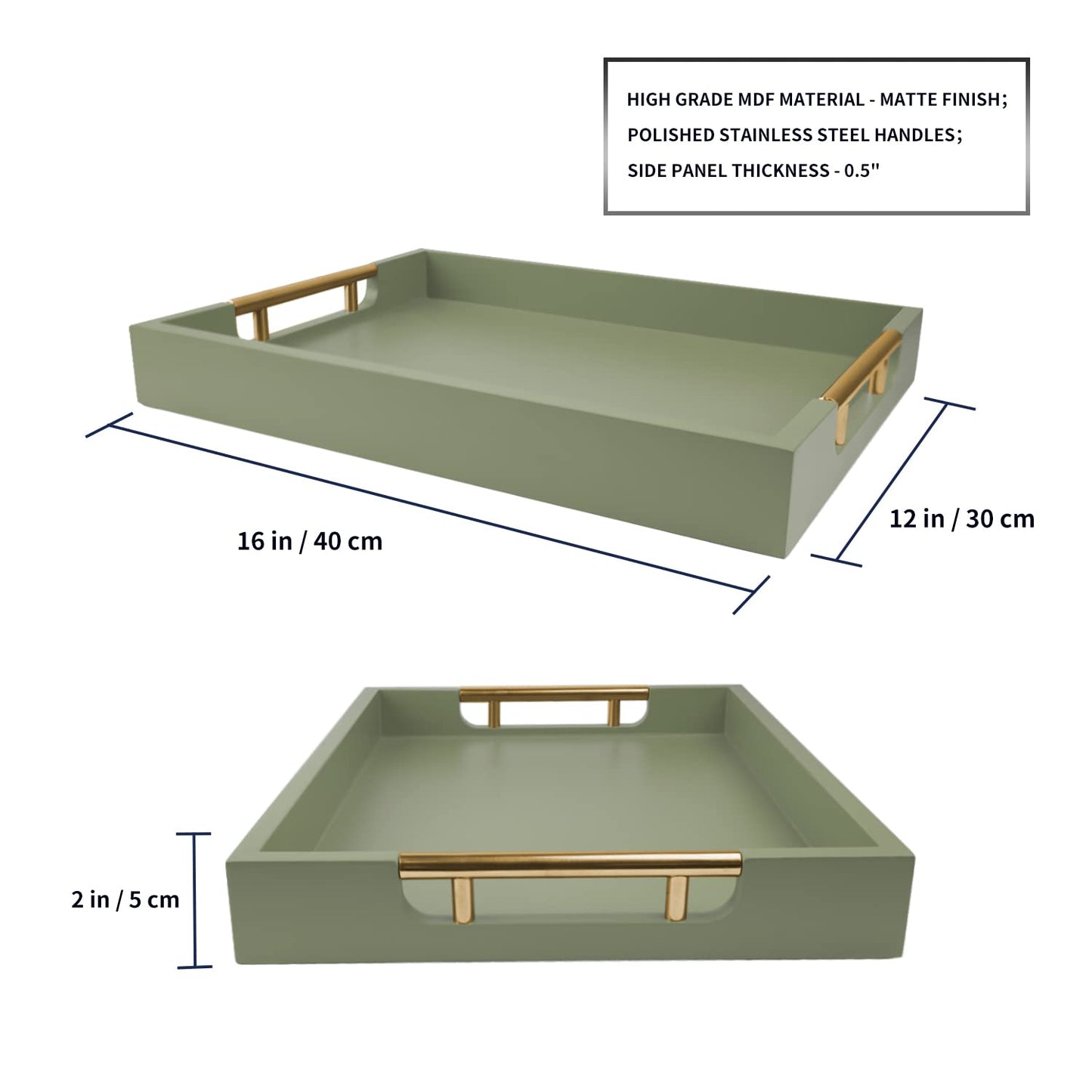 NELONY Wooden Decorative Coffee Table Tray, 16" Serving With Handles, Matte Finish, Ottoman for Living Room, Perfume, Vanity Dresser Organizer (Olive Green)
