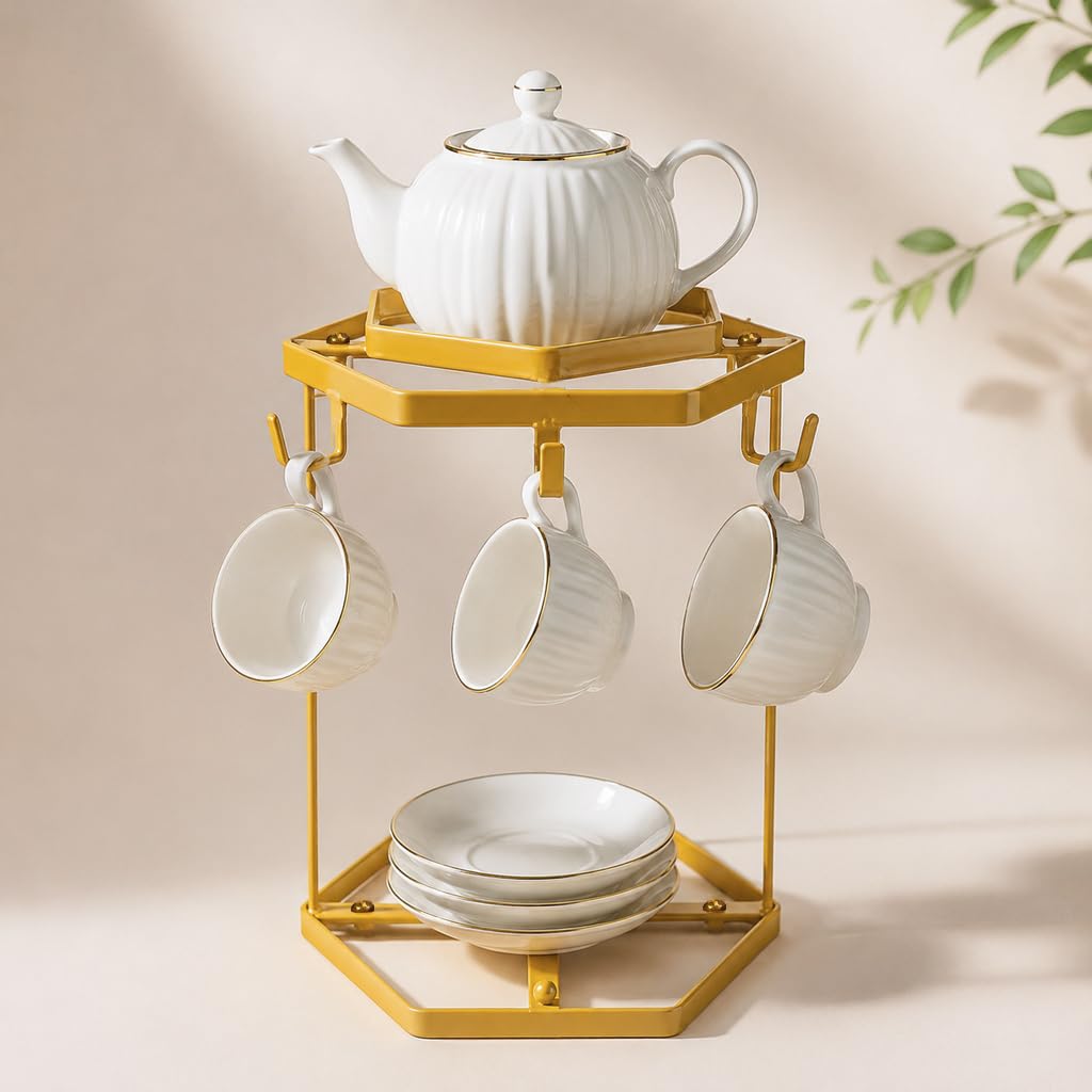 LWXPAIYY Coffee Mug Holder Countertop,Yellow Metal Coffee Cup Holders for Counter,Matte Muted Gold Mug Stand Rack for Counter Top 6 Hooks(Hexagon)