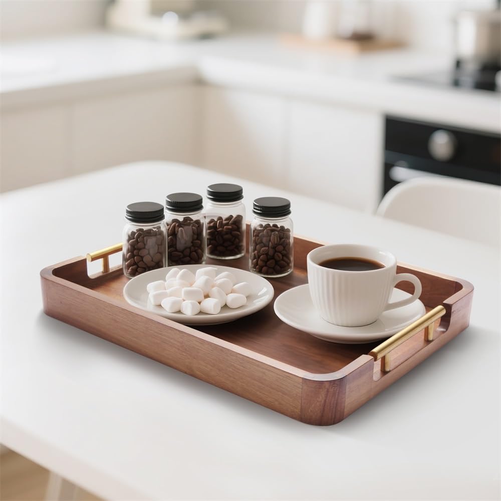 Acacia Wood Serving Tray with Handles, 17x13 Inch Ottoman Tray for Coffee Table,Candle Display,Breakfast in Bed, Large Wooden Decorative Tray with Non-Slip Pads, for Kitchen, Dining, Home Decor