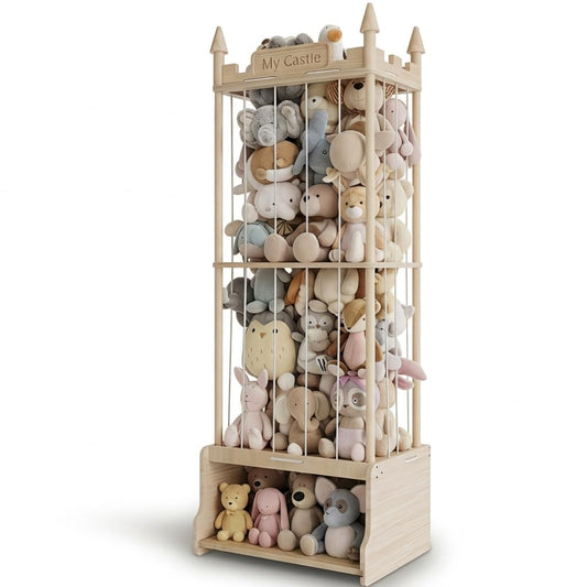 Topbooc Knot-Free Wooden Stuffed Animal Storage Tower with Pre-Installed Cords, Montessori Stuffed Animal Zoo Furniture with Castle Top & Toy Chest, 57" Hand-Sanded Natural Wood (Montessori Castle)