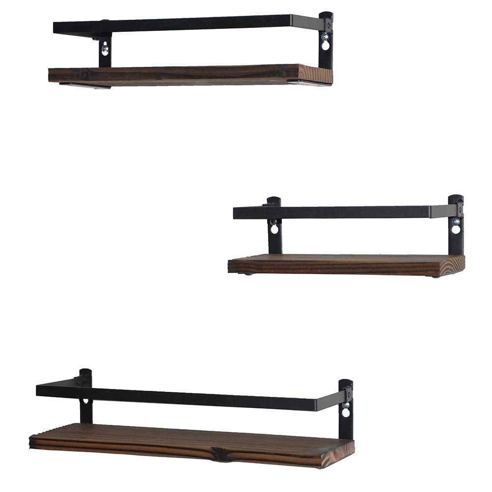 PHUNAYA Floating Shelves Rustic Wood Wall Mounted Shelf Practical Metal Fence Design Ideal for Bedroom, Bathroom, Kitchen Set of 3(Brown)