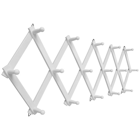 SCUNDA Accordion Wall Hanger with 16 Hooks, Wooden Coffee Mug Rack for Wall, Expandable Accordion Hook Rack Wall Mounted for Mug, Tea Cup, Purse,Coat, Hat, Cap(White)